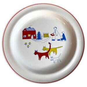 Vintage Arabia Finland Ceramic Plate Matin Matka Red And Blue Cats & House Desig